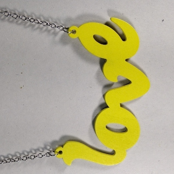 Women's Stunning Polished Silver tone Yellow " LOVE " Design Long Necklace - 34" - Picture 3 of 6